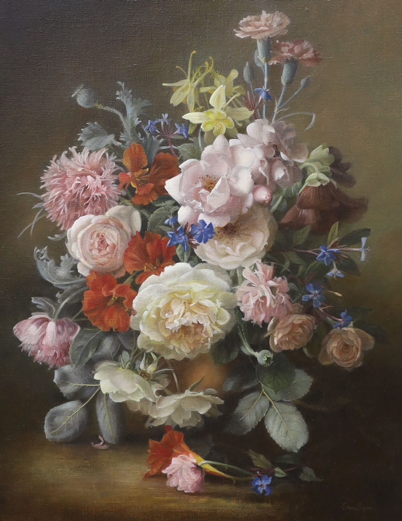 Edna Bizon (1929-2016), oil on canvas, ‘August Flowers’, signed, label verso, 49cm x 39cm